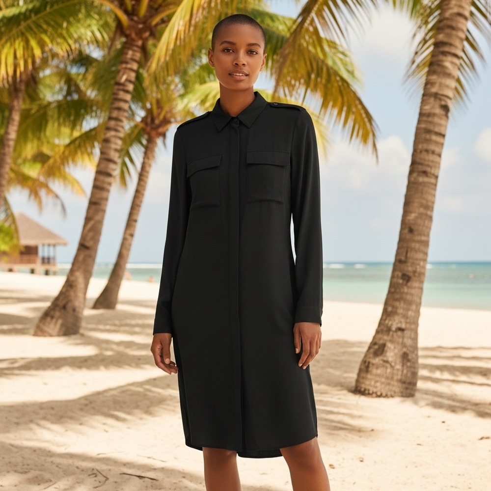 MICHAEL KORS‎ Black Utility Shirtdress Long Sleeve Button Front Pockets XS